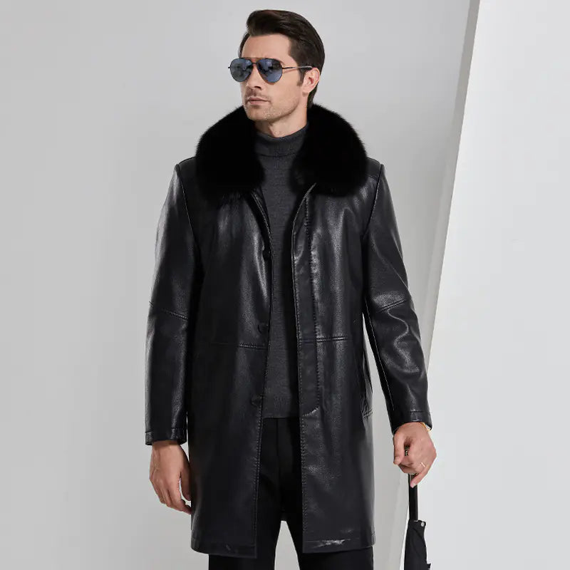 Men's Mid-Length Fur Coat with Fox Fur Collar