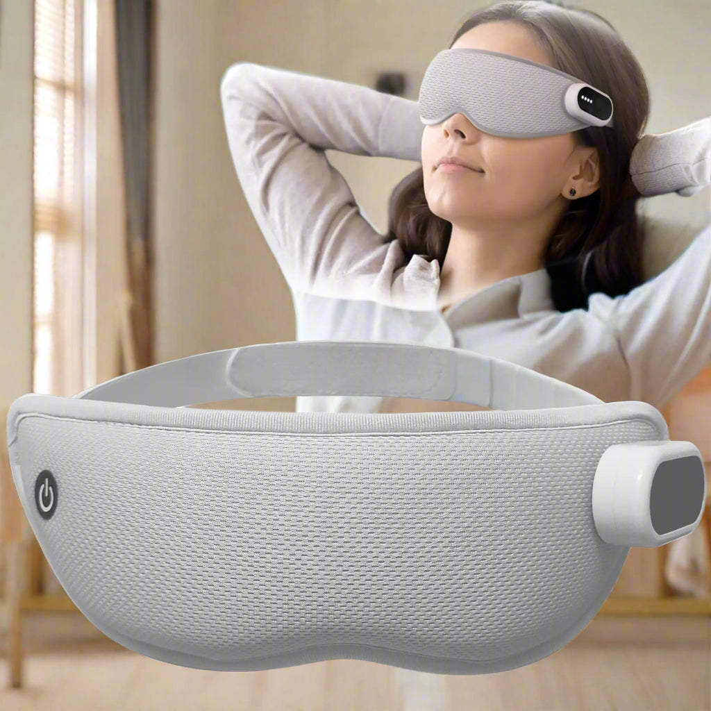 Gray eye mask with power button on a white background
