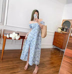 Chic Blue Floral Linen Midi Dress