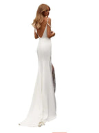 Mermaid V Neck Pearl Satin Wedding Dress