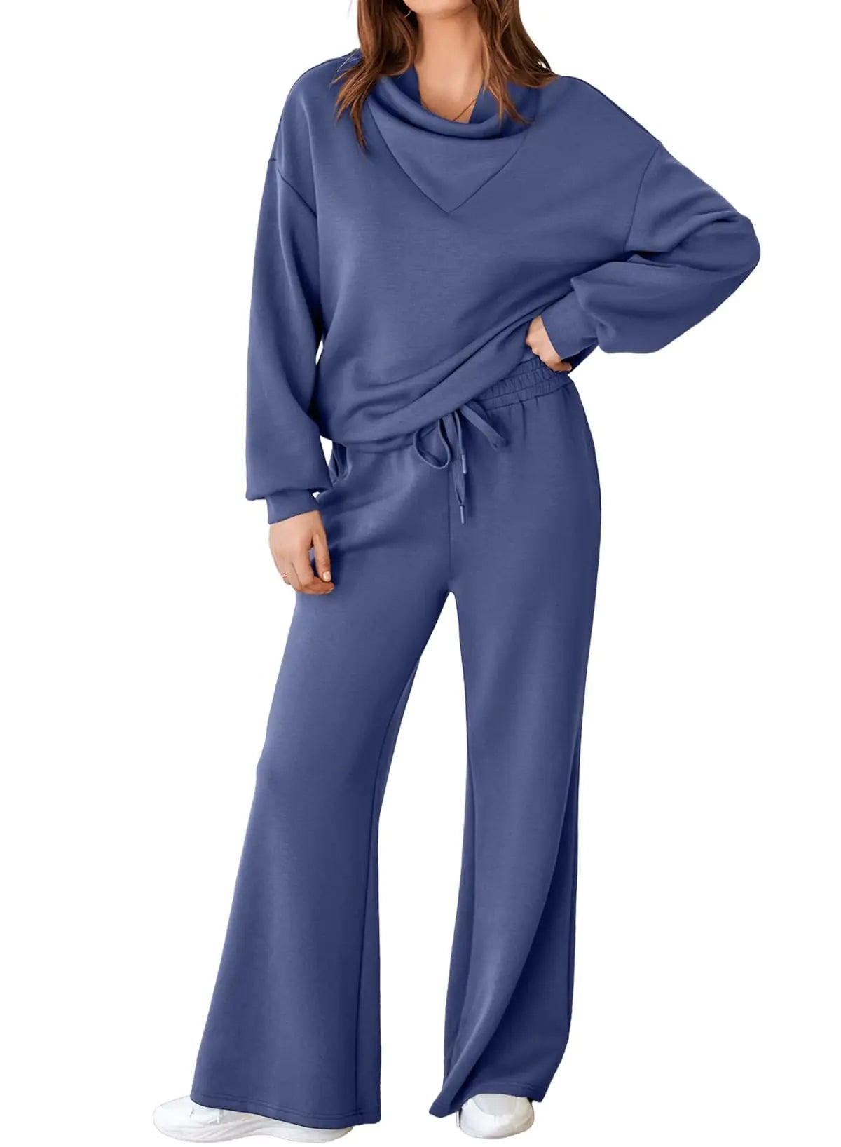 Fall Outfits 2 Piece Lounge Set Long Sleeve Drawstring Top with High Waist Pants Tracksuit Sweatsuit Set Sail Blue Large