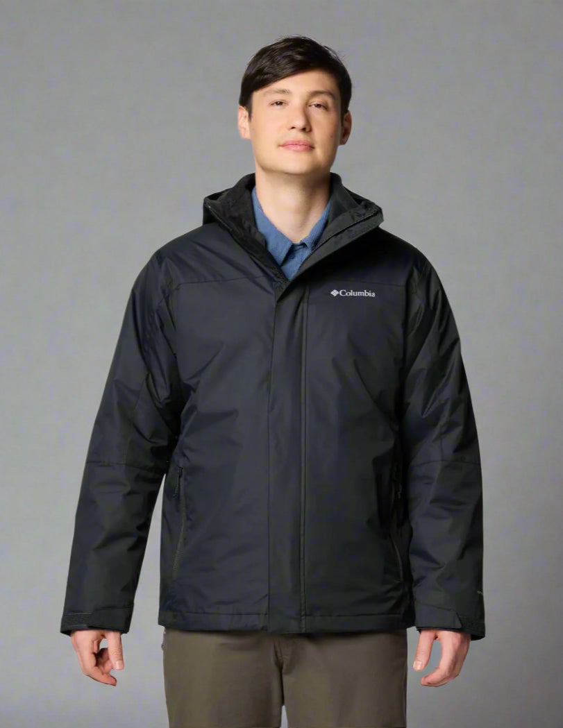 Man wearing a black Columbia jacket on a white background