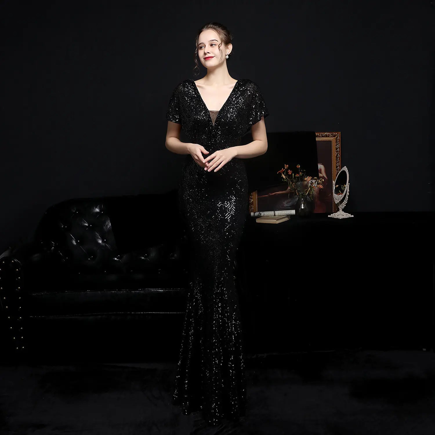 Sparkling Sequin V-neck Evening Dress