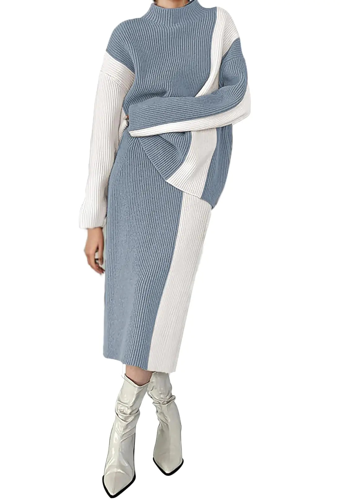 GOLDSTITCH Womens Two Piece Sweater Outfits Mock Neck Pullover Sweater High Waist Skirt Set Color Block Ribbed Set
