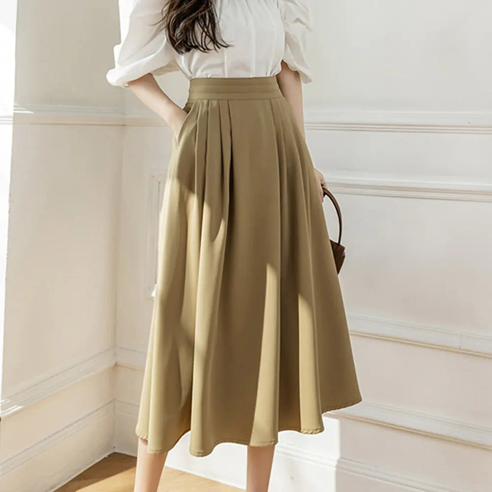 Chic Khaki Midi A-line Skirt