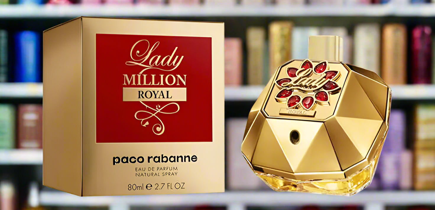 Paco Rabanne Lady Million Royal perfume bottle and packaging on a white background