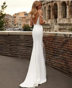 Mermaid V Neck Pearl Satin Wedding Dress