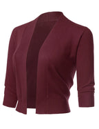 Allsense Womens 3/4 Sleeve Open Front Knit Cropped Bolero Cardigan Shrug Sweaters Burgundy Medium