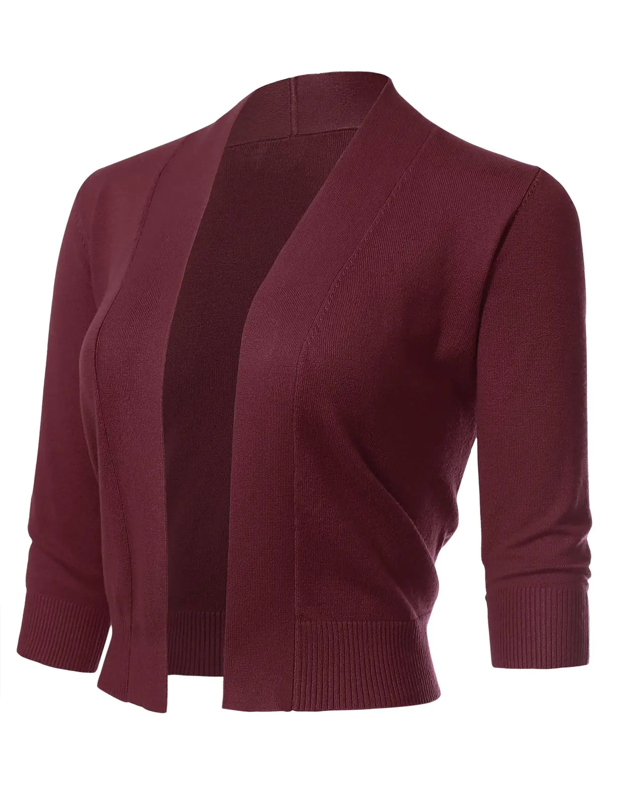 Allsense Womens 3/4 Sleeve Open Front Knit Cropped Bolero Cardigan Shrug Sweaters Burgundy Medium