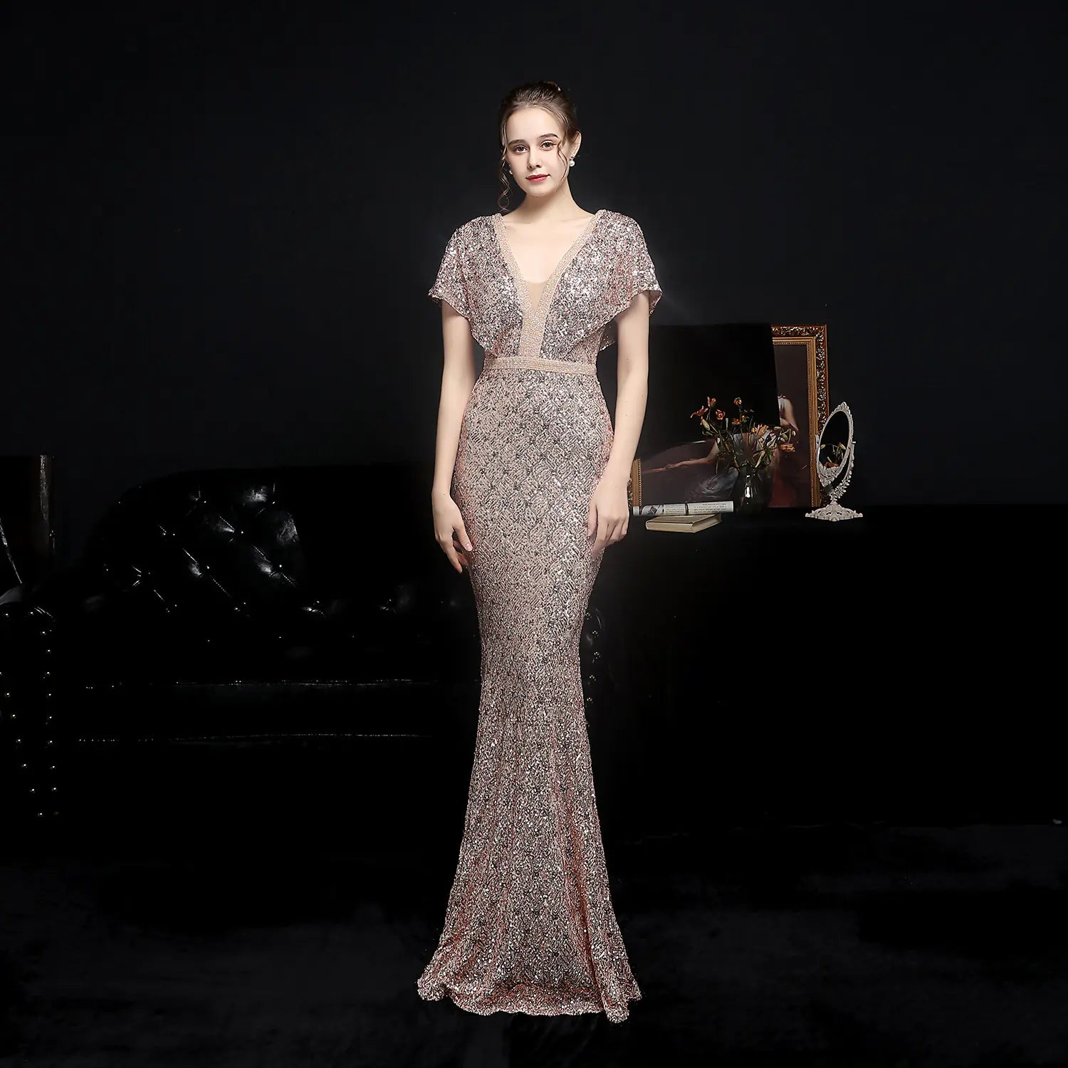 Sparkling Sequin V-neck Evening Dress