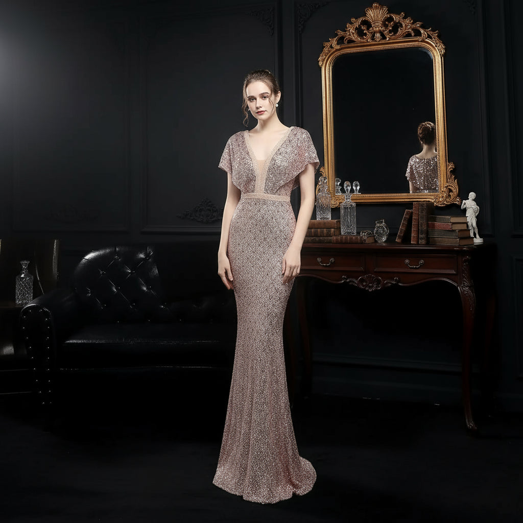 Sparkling Sequin V-neck Evening Dress