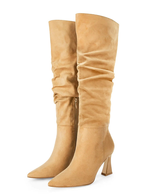 Coutgo Chic Slouchy Knee-High Boots - Wide Calf, Chunky Heel