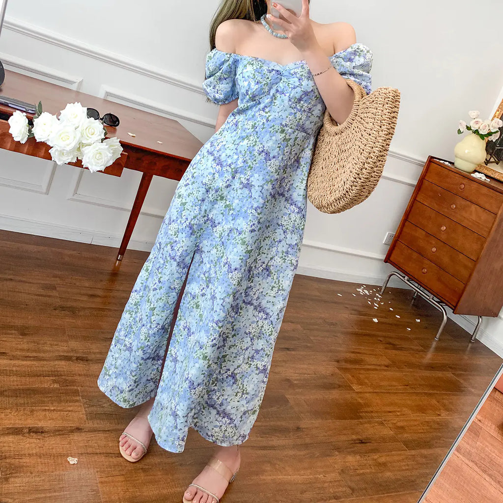Chic Blue Floral Linen Midi Dress