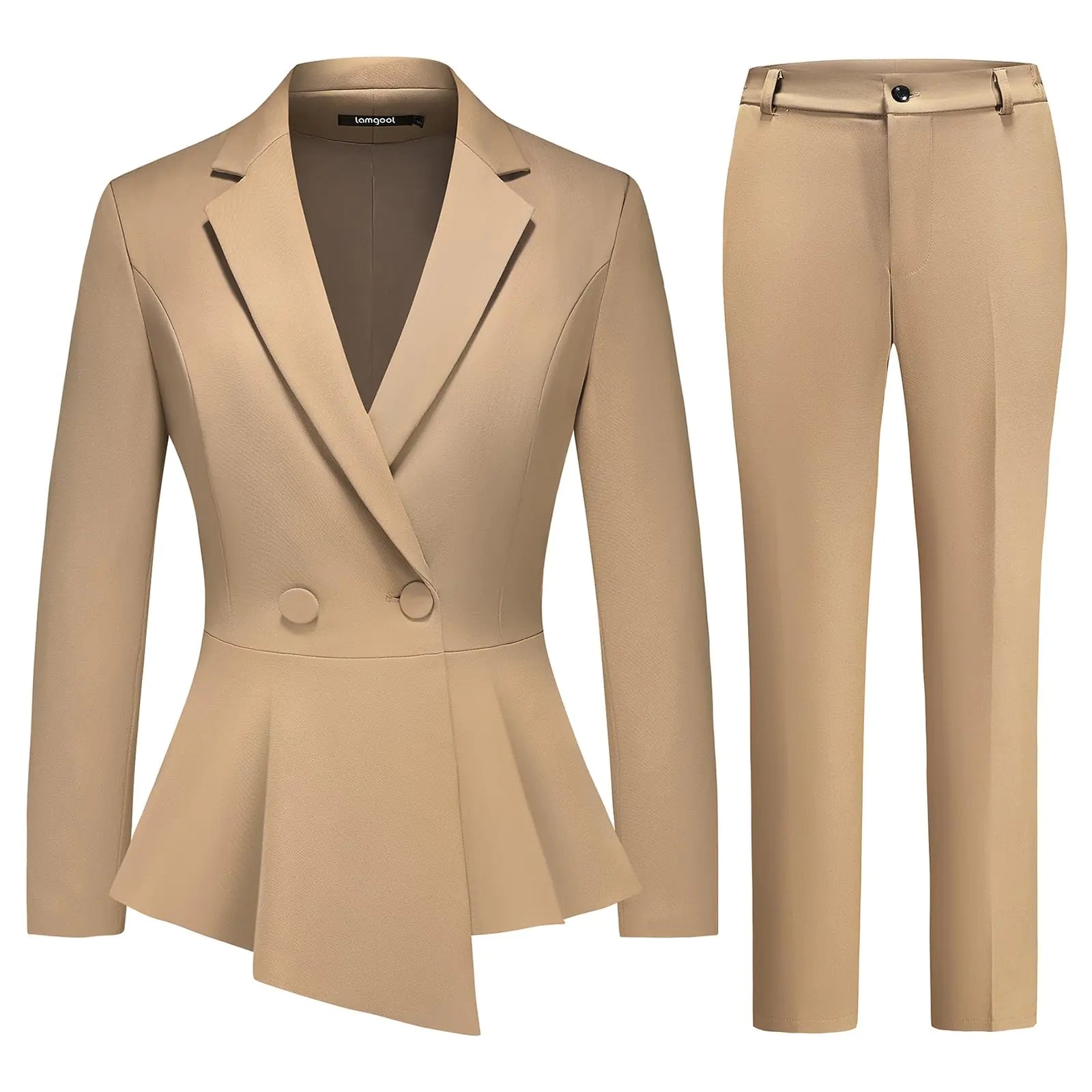 Ruffle-Hemmed Executive Chic Blazer & Pants Set - Khaki