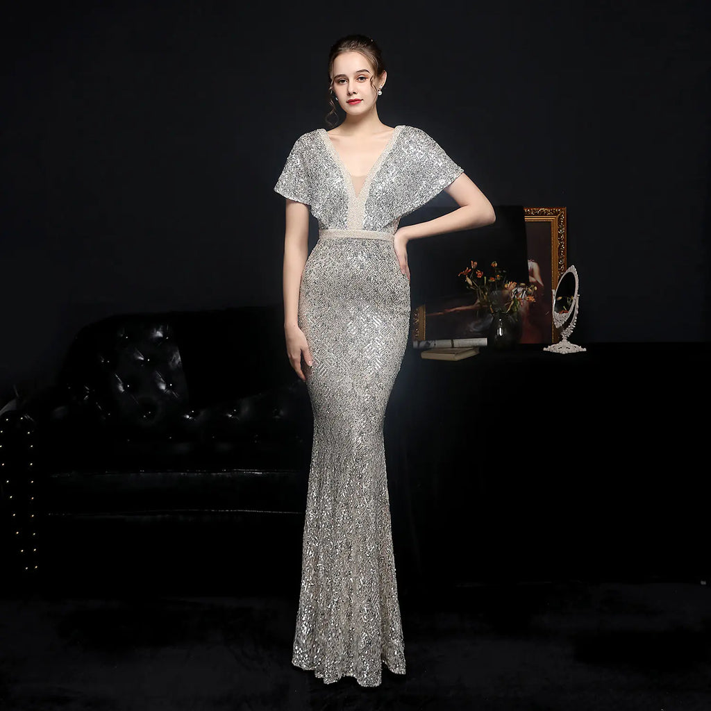 Sparkling Sequin V-neck Evening Dress