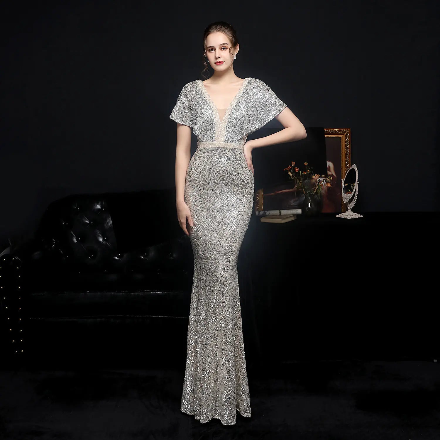 Sparkling Sequin V-neck Evening Dress
