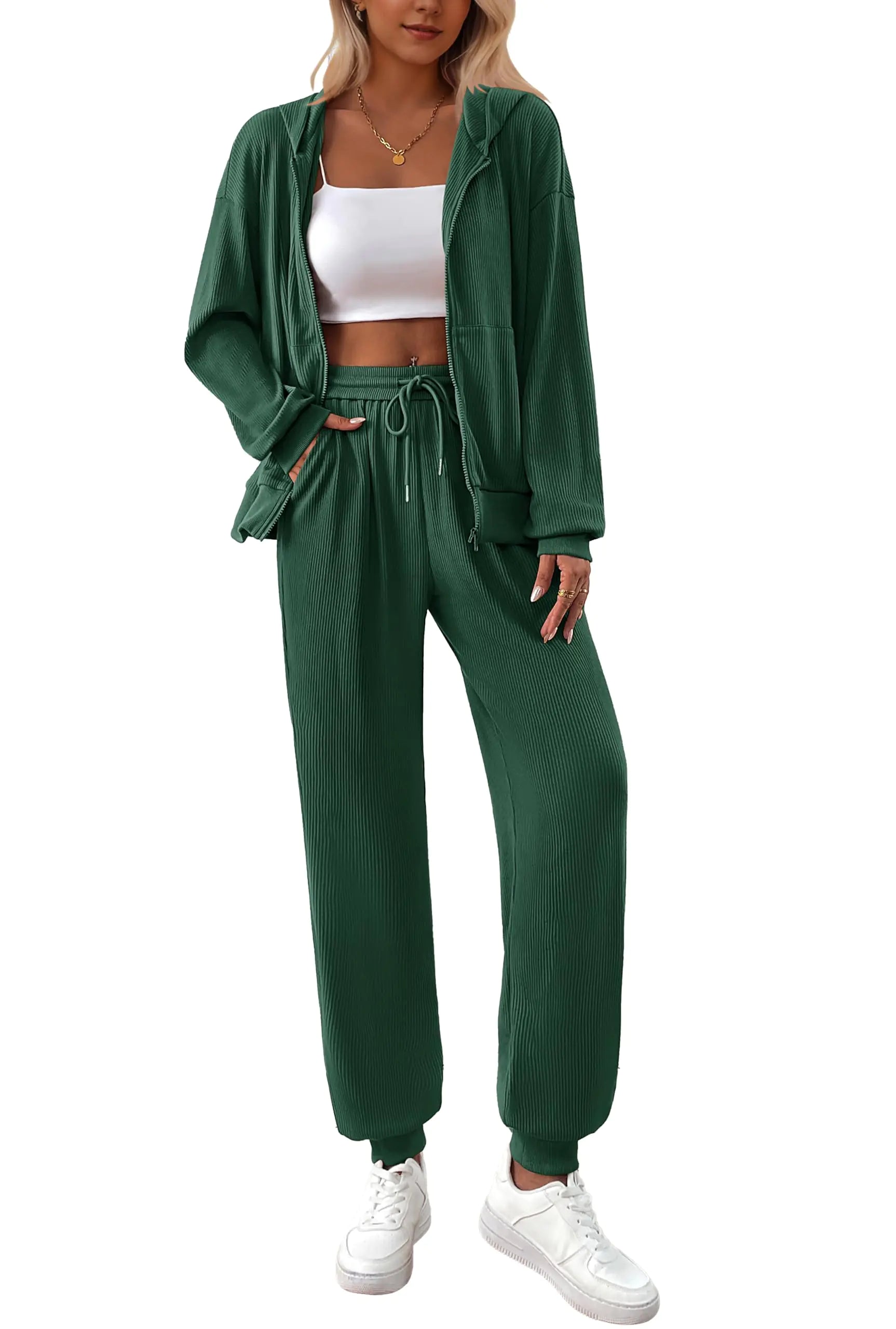 CozyChic Women's Fall Loungewear Set - Dark Green Zip Tracksuit