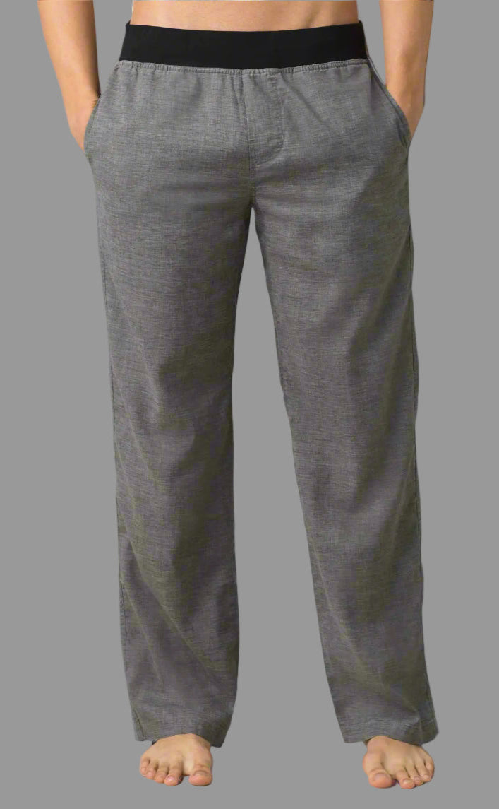 Gray pants with a black waistband on a white background