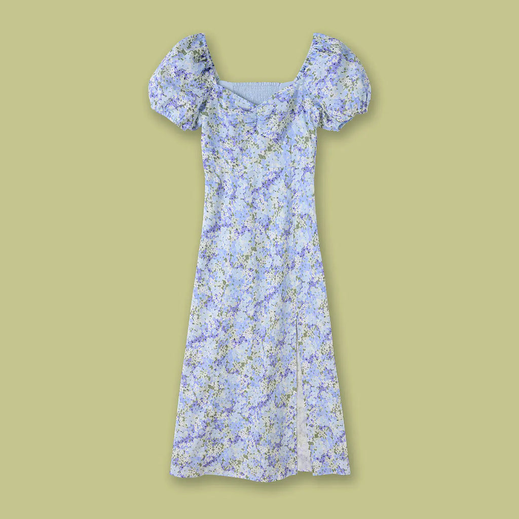 Chic Blue Floral Linen Midi Dress