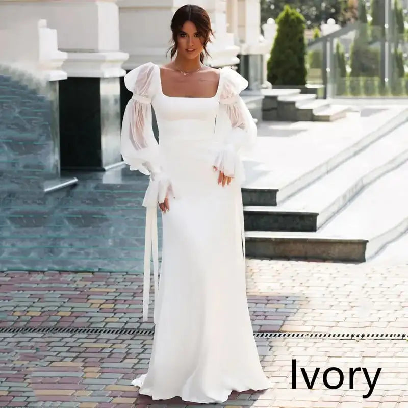 Elegant Satin Mermaid Wedding Dress with Puff Sleeves