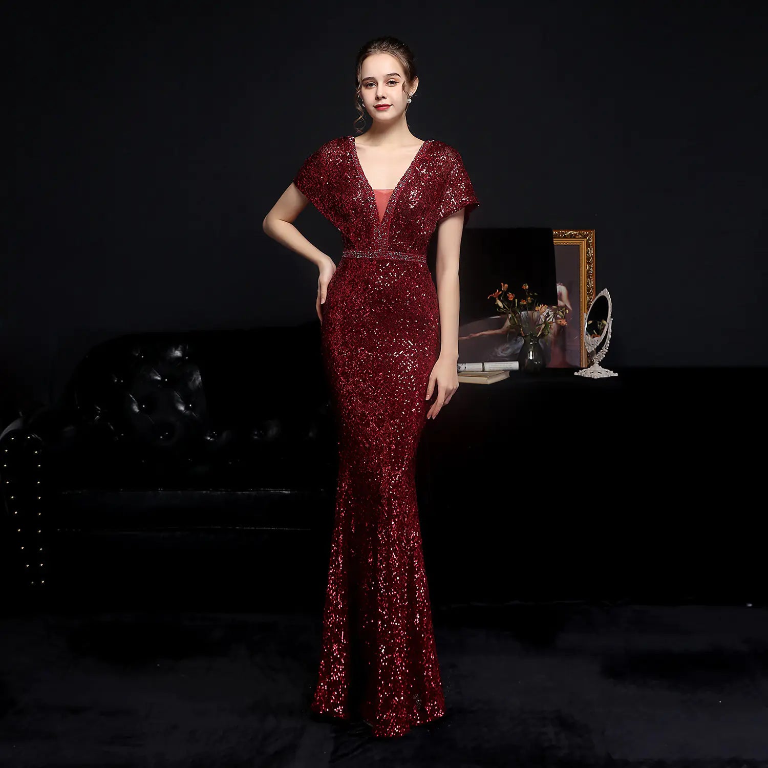 Sparkling Sequin V-neck Evening Dress